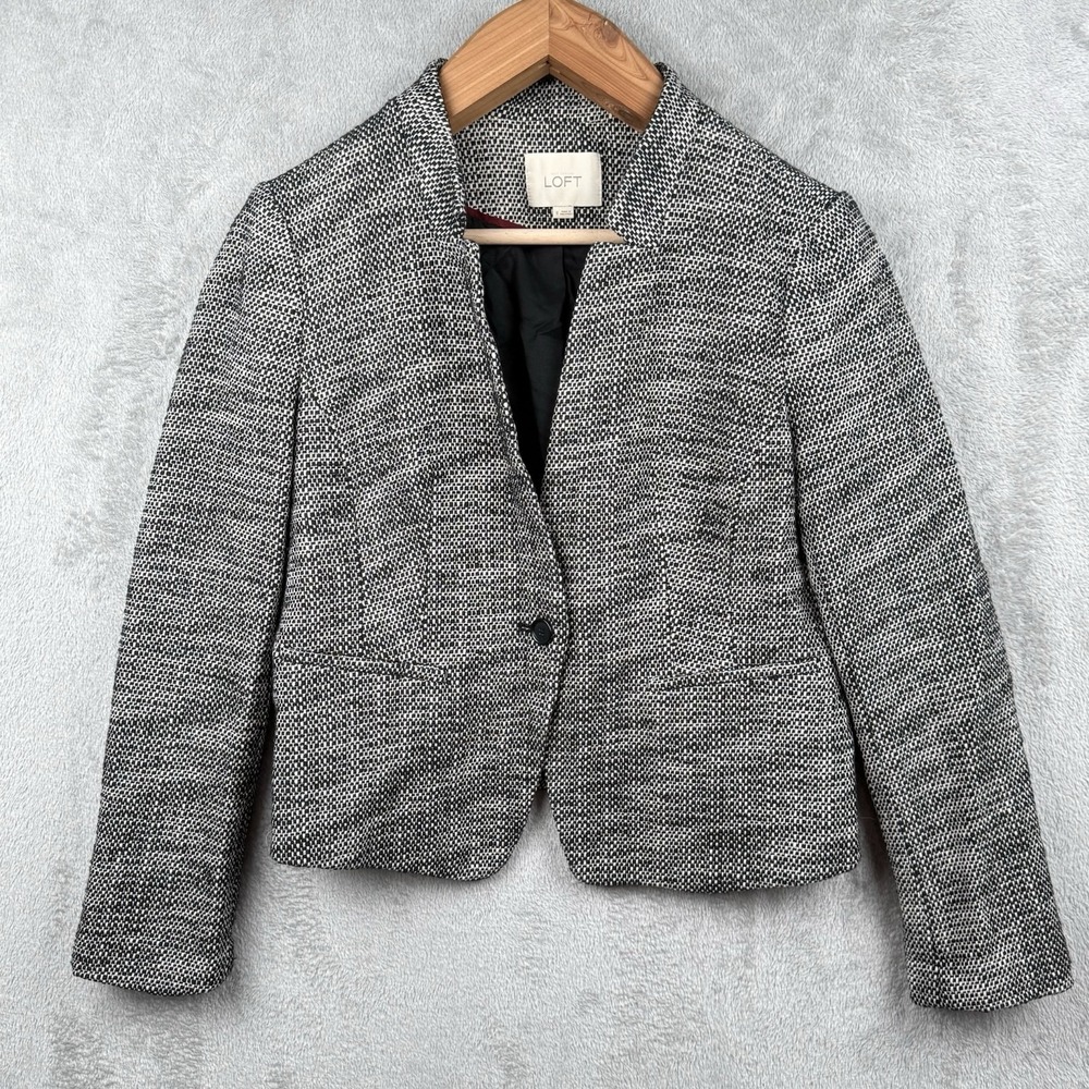 Ann Taylor LOFT Blazer Womens 8 Black White Tweed Texture Jacket Cotton Classic